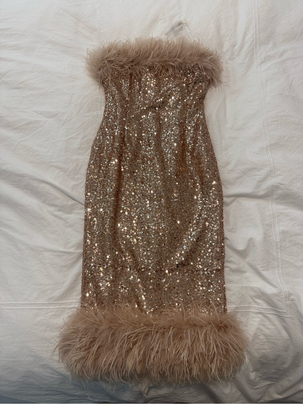 NADINE MERABI Rose Gold Sequin Midi Dress with Feather Trim